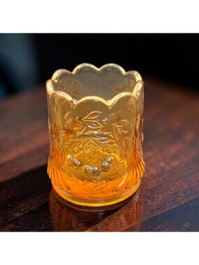 L.G. Wright Amber Carnival Glass Toothpick Holder Wreathed Cherry Scalloped